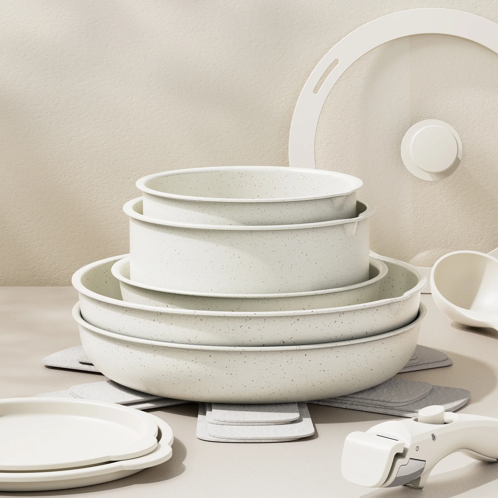 Bazova Ceramic Nonstick 17-Piece Cookware Set with Removable Handles - Cream White