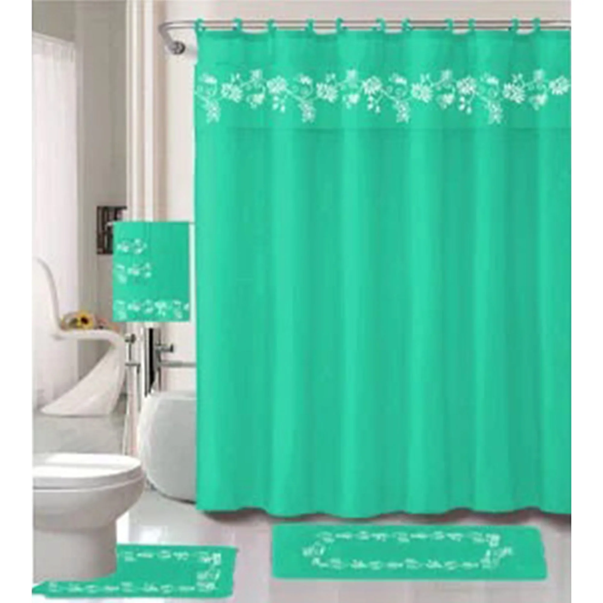 All For You 18 Piece Embroidered Non-Slip Bath Rug, Shower Curtain and Towel Set