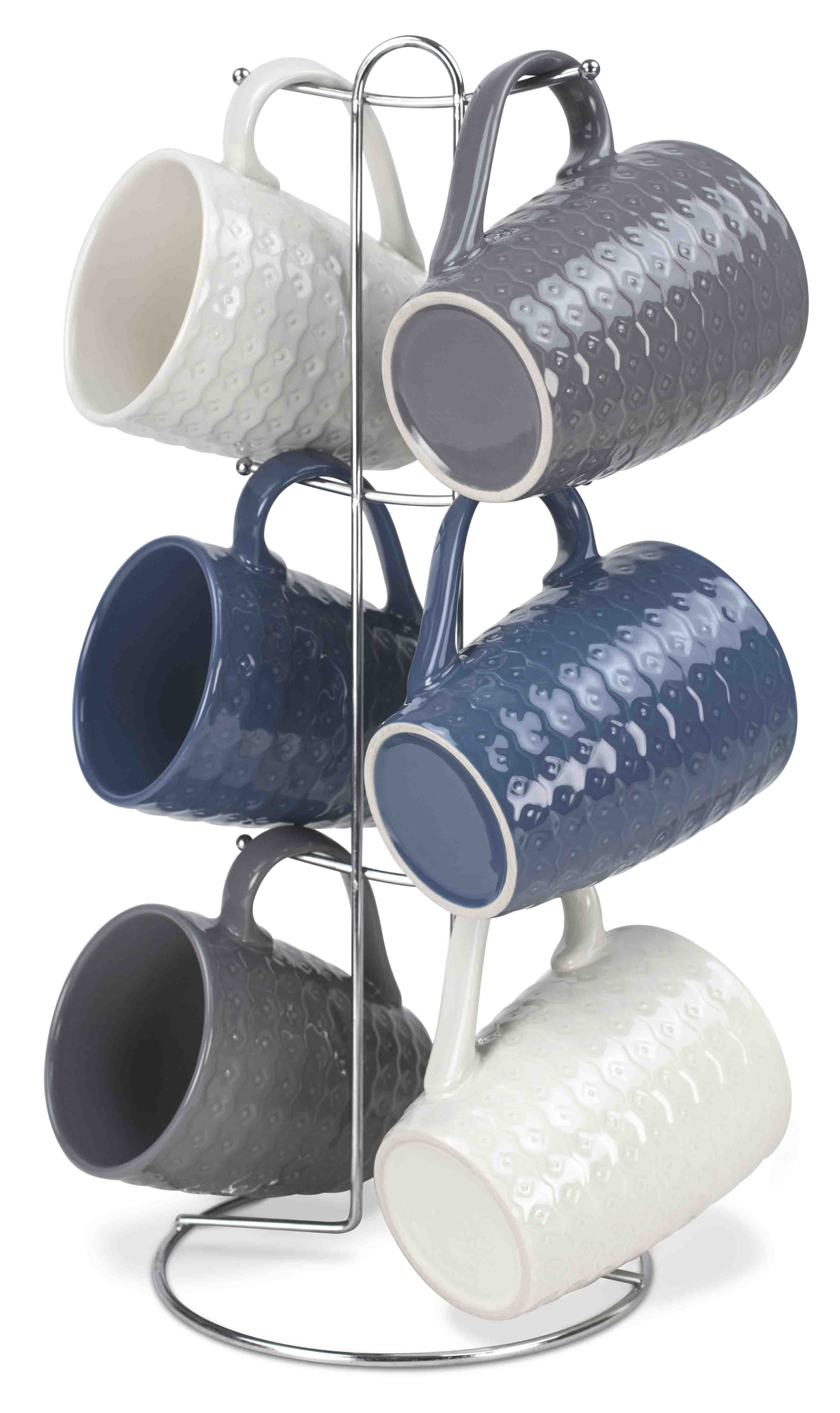 Home Basics 7-Piece Diamond Mug Stand Set 6-Mugs, Navy-Gray-White