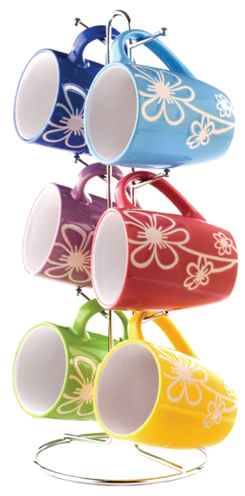 Home Basics 6-Piece Ceramic Mug Set With Stand, Daisy, Multicolor