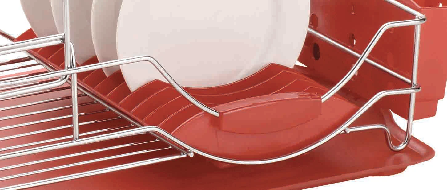 Home Basics 2 Tier Deluxe Chrome Dish Rack Drainer, Red, 20x13x10 Inches