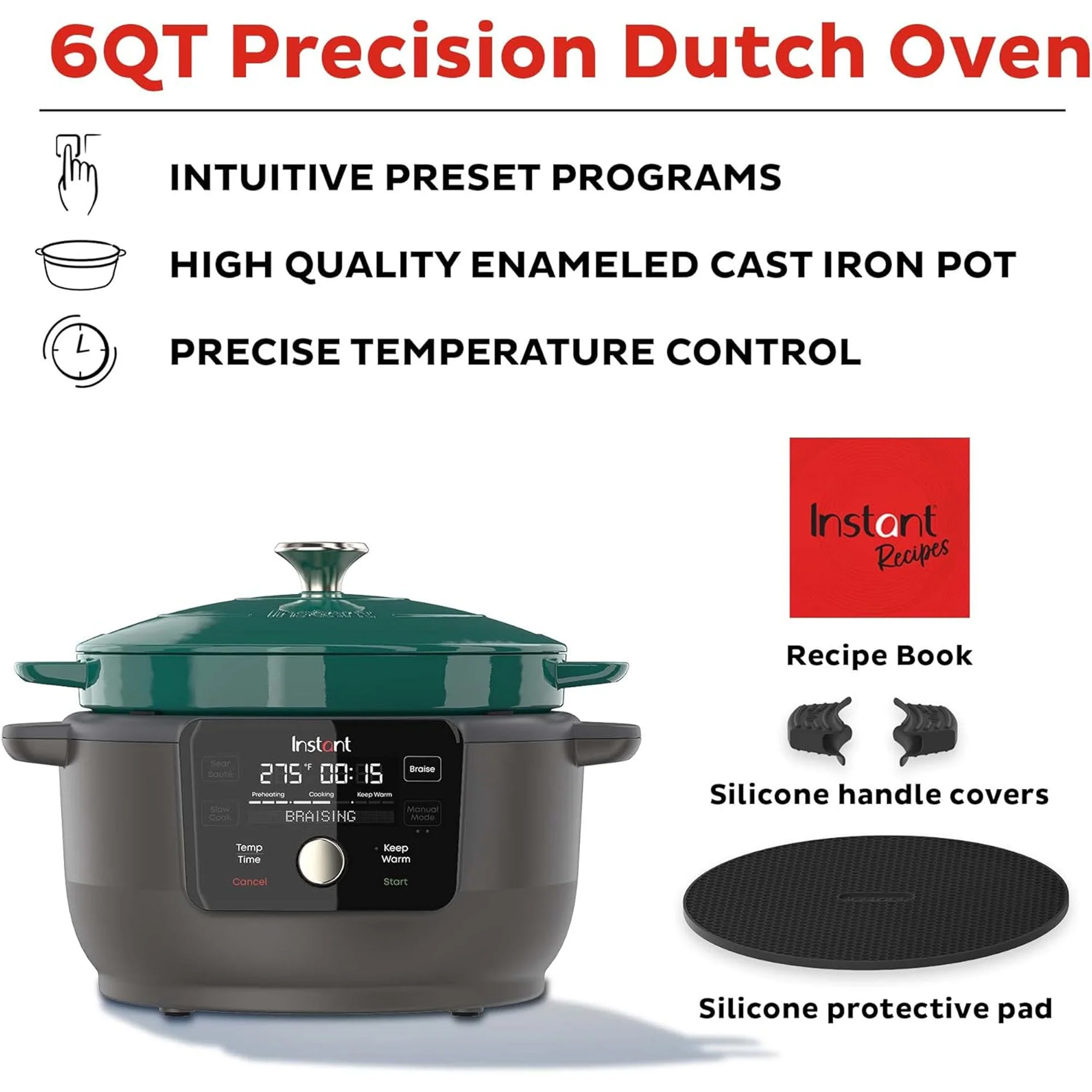 Instant 5-in-1 Electric Round Enameled Cast Iron Dutch Oven, 6-Quart 1500W, Green