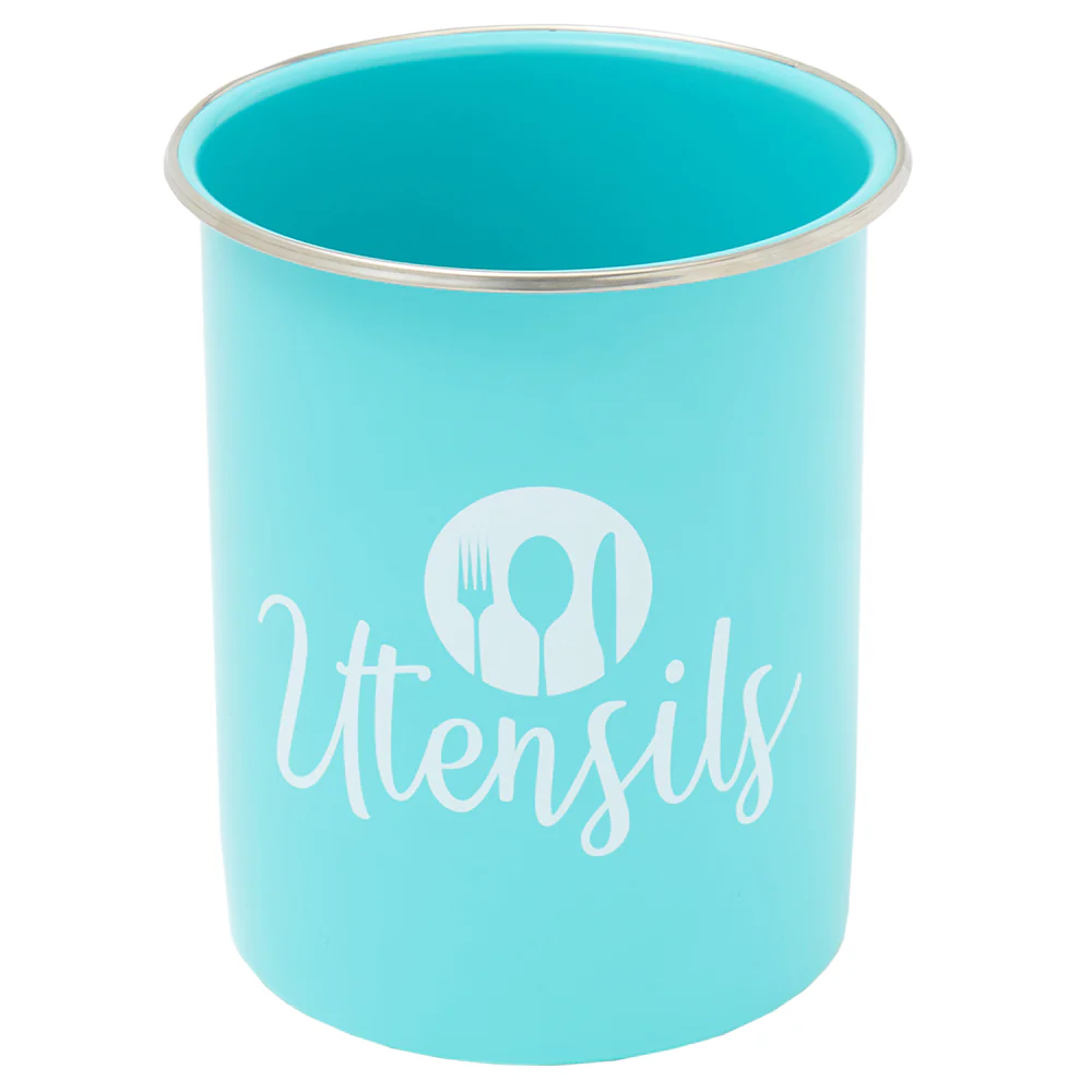 Home Basics Utensils Cutlery Holder with Steel Rim, Turquoise, 5x6 Inches