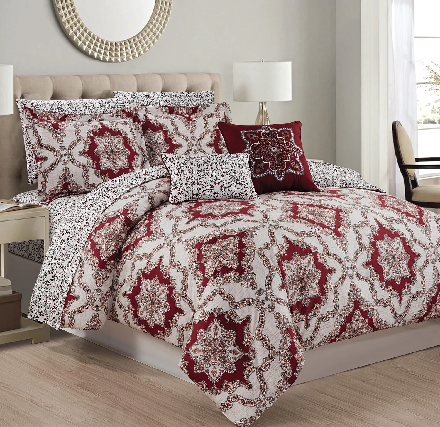 Ashland Mandala Reversible 9-Piece Comforter Set, Burgundy