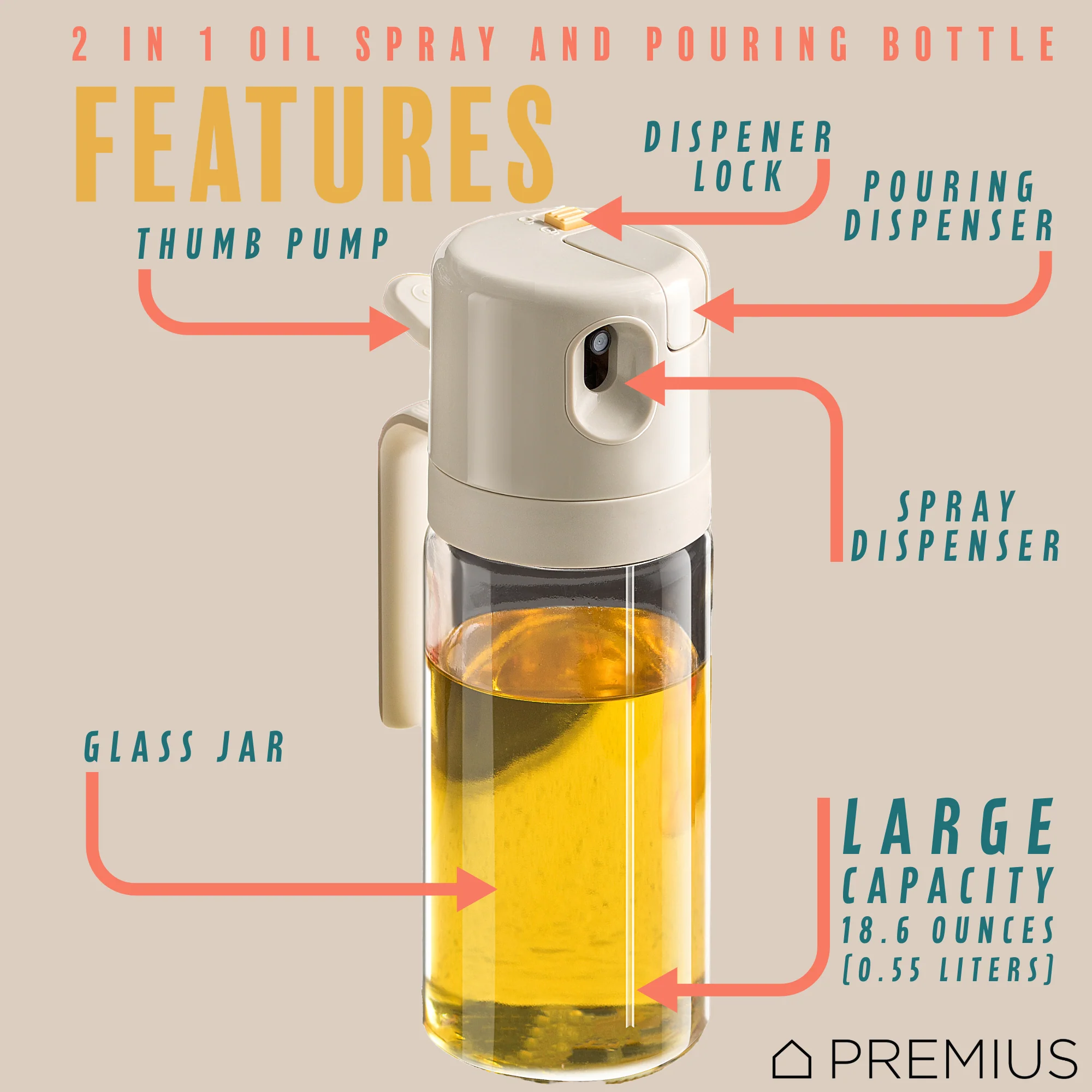 PREMIUS 2-In-1 Glass Oil Dispenser with Sprayer Bottle, White, 18.6 Ounces