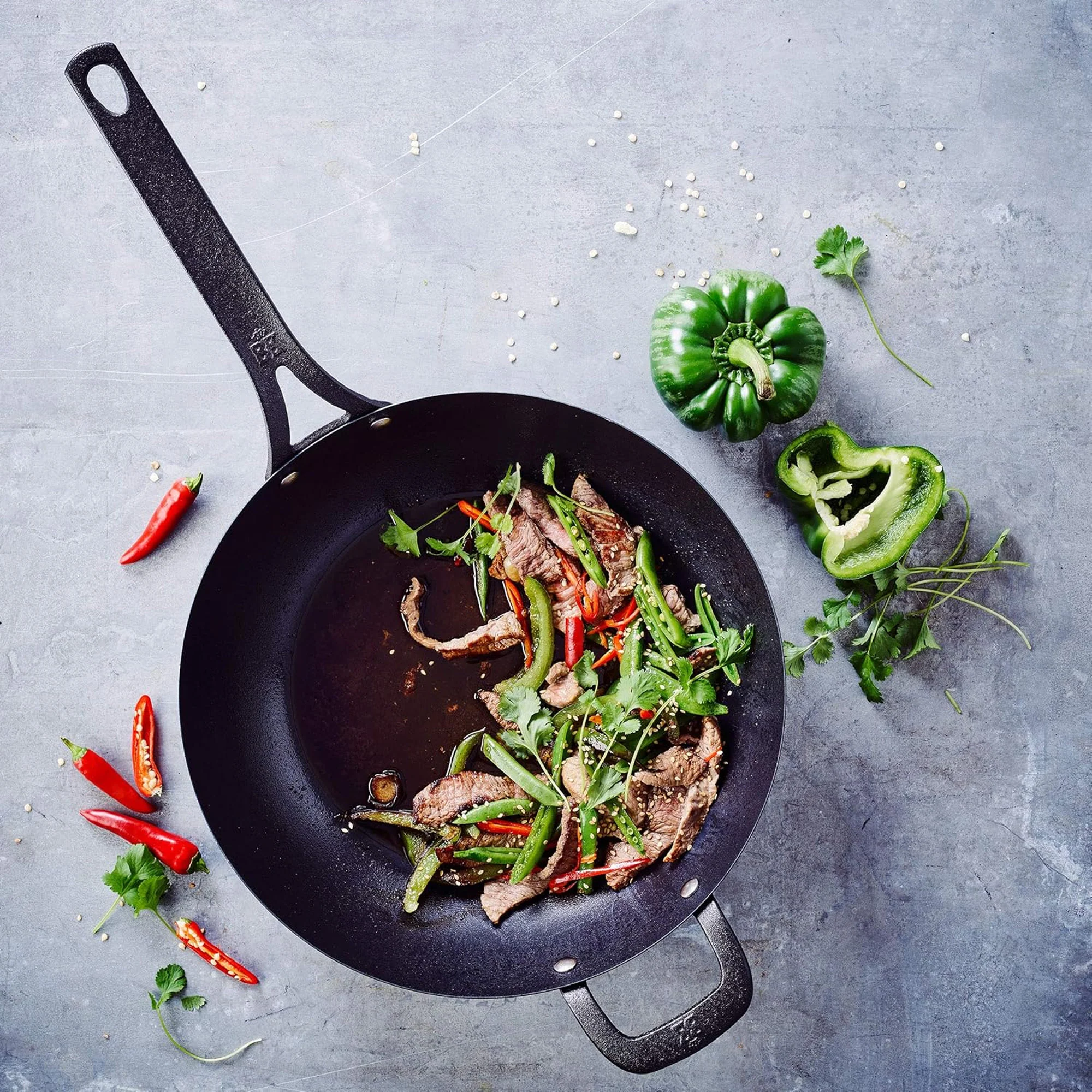 BK Pre-Seasoned Black Steel Carbon Steel Induction Compatible Wok, 12 Inches