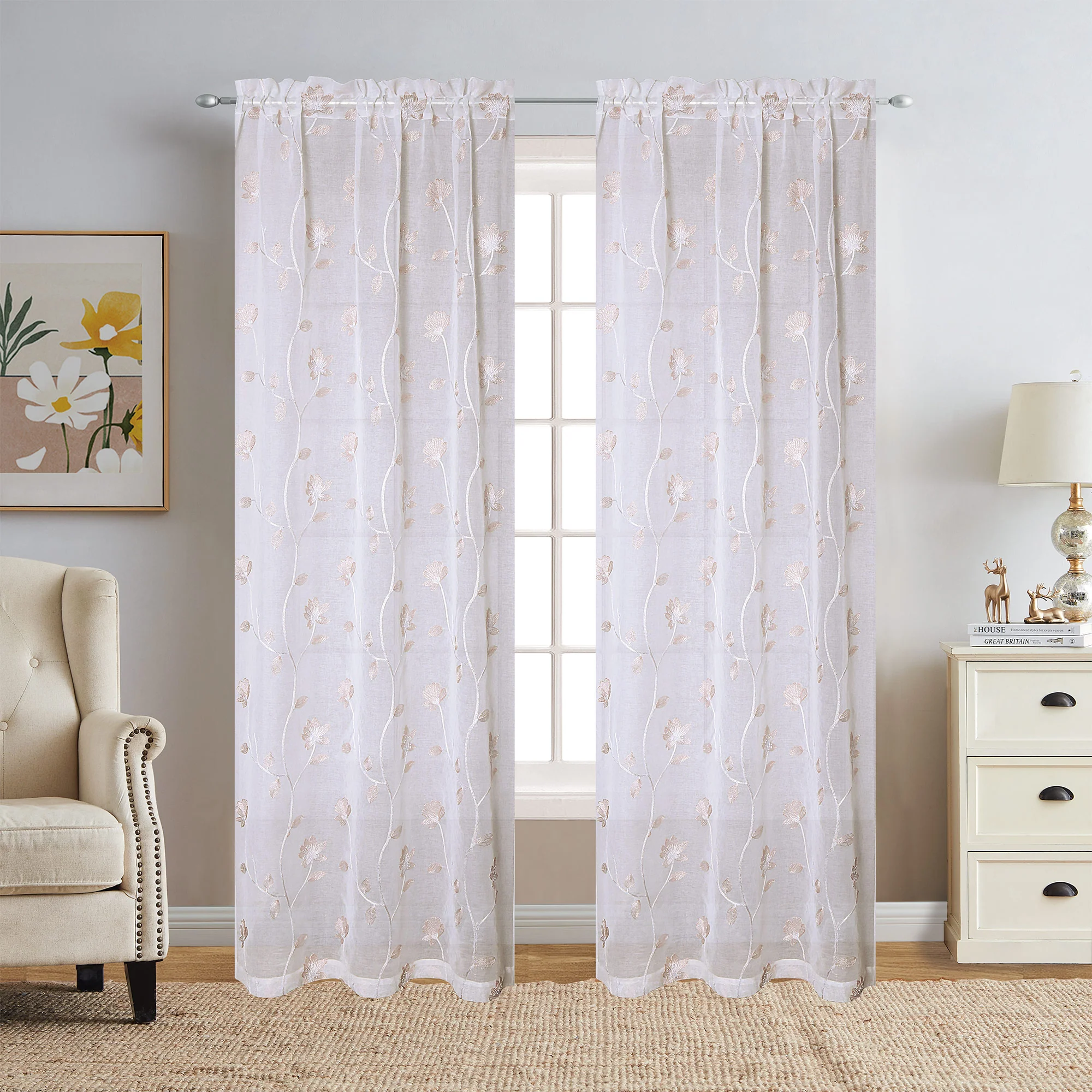 Debra 2 Piece Floral Embroidered Rod Pocket Window Panels, 38x84 Inches