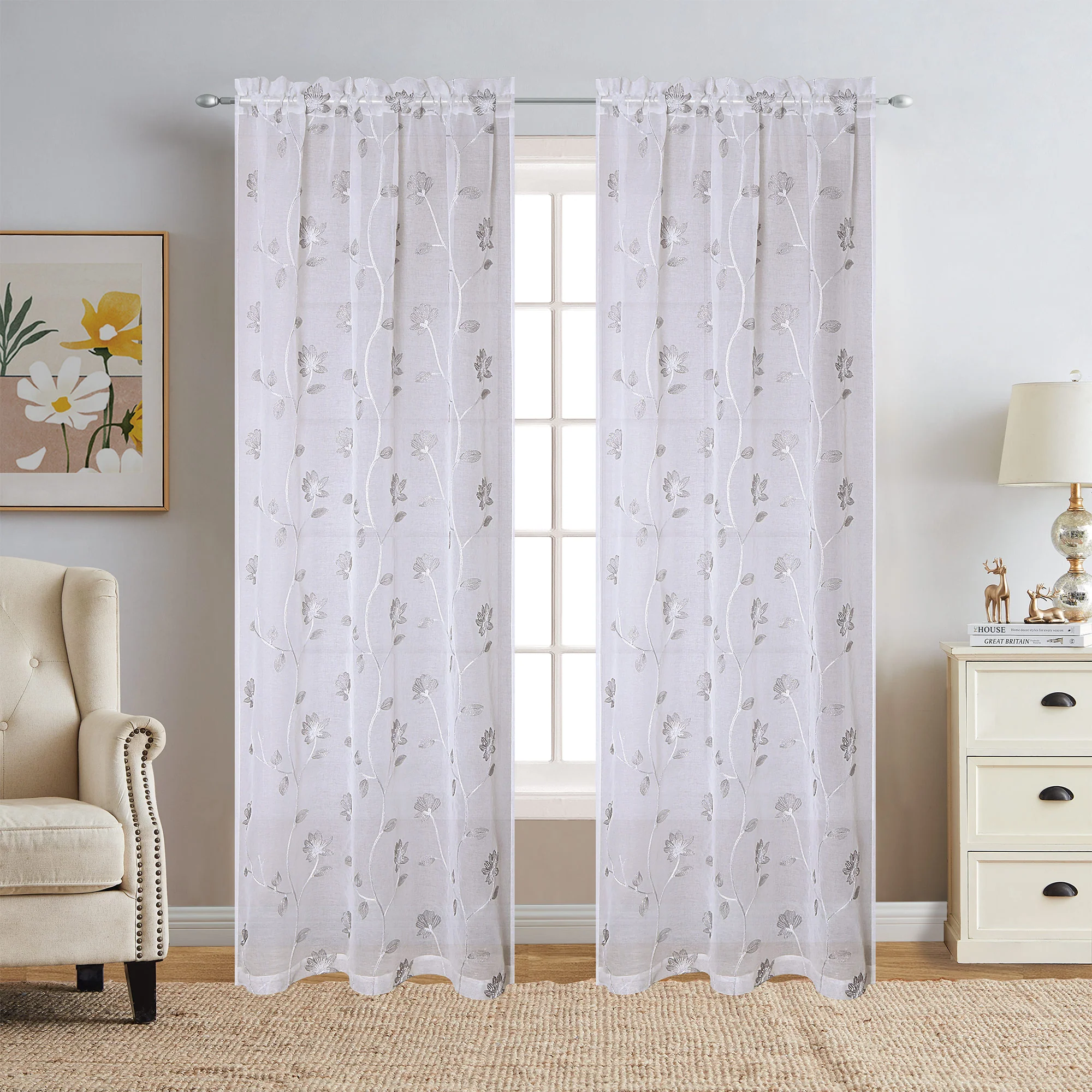 Debra 2 Piece Floral Embroidered Rod Pocket Window Panels, 38x84 Inches