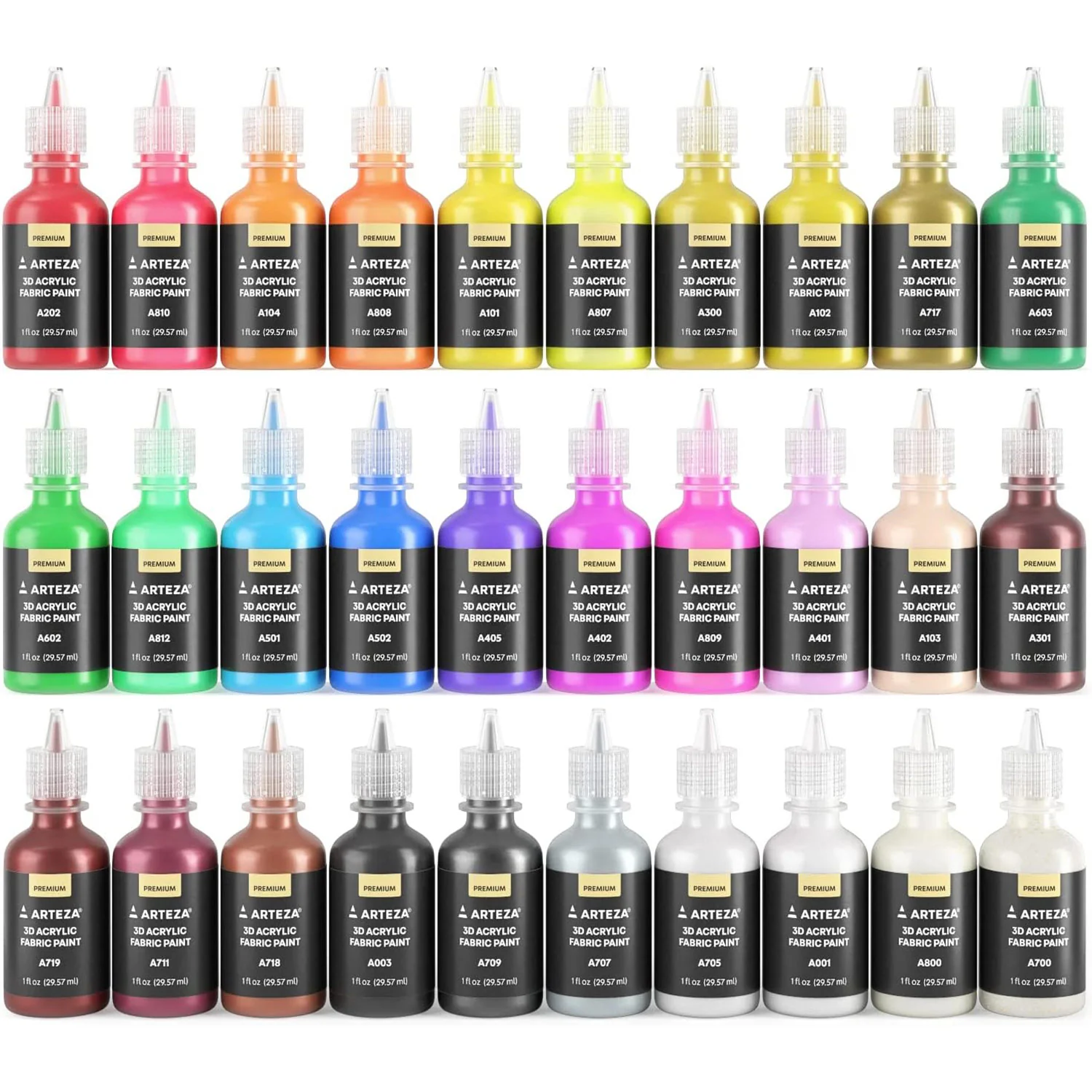 ARTEZA Premium 3D Acrylic Fabric Paint, Vibrant Colors, 30 Count
