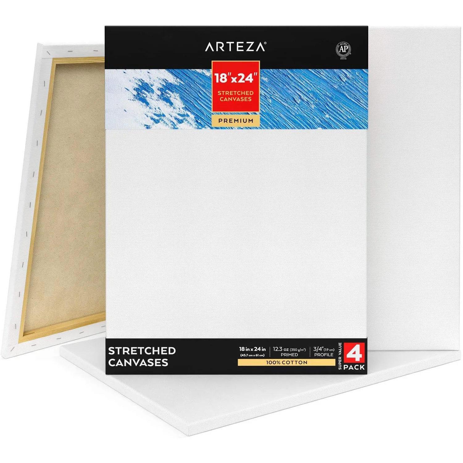 ARTEZA Streched Wood Canvas for Painting, 18x24 Inches, 4 Count
