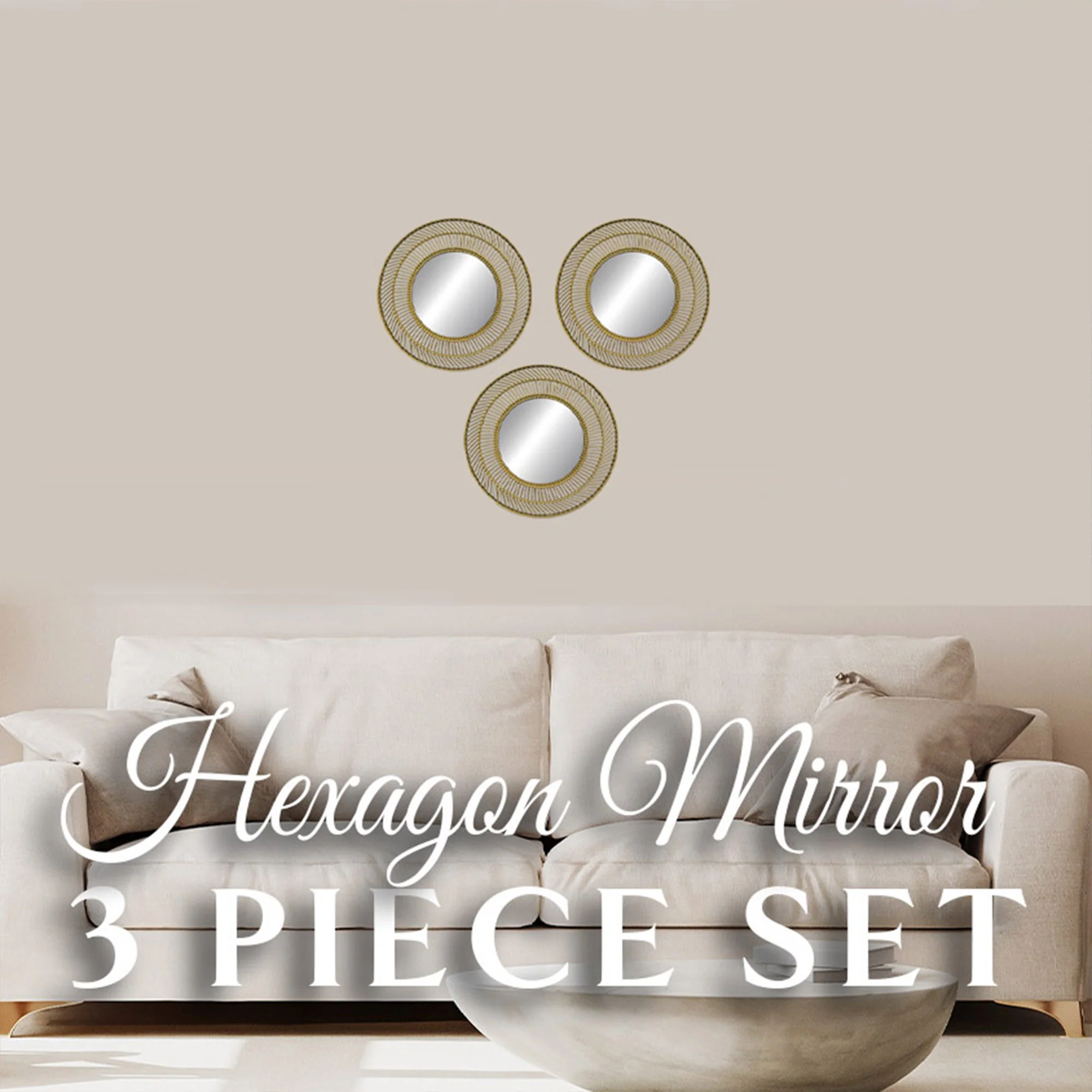 PREMIUS 3 Piece Plastic Mesh Circle Wall Decor Mirror Set, Gold, 10 Inches