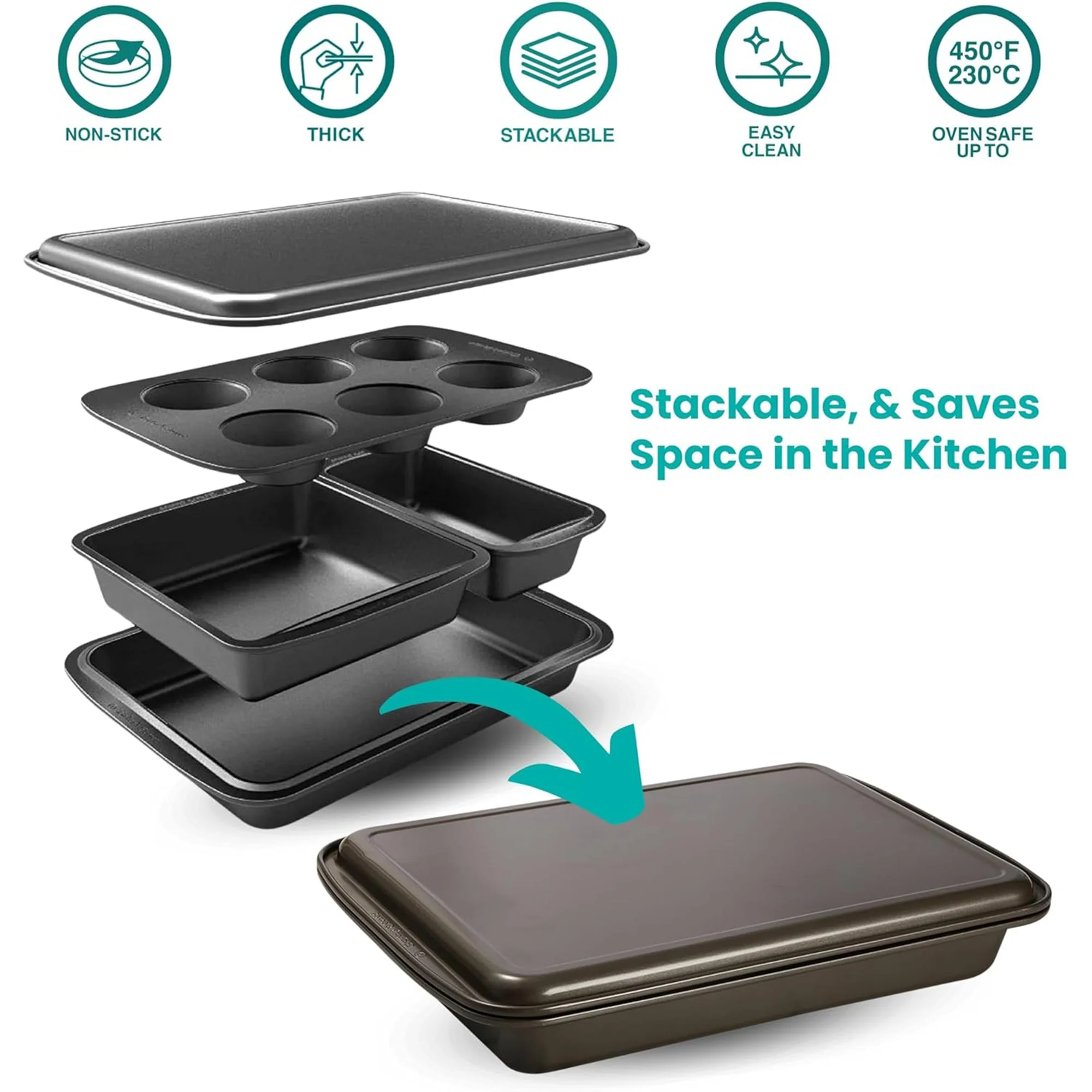 Baker��s Secret 5 Piece Essentials Non-Stick Steel Baking Set, Dark Gray