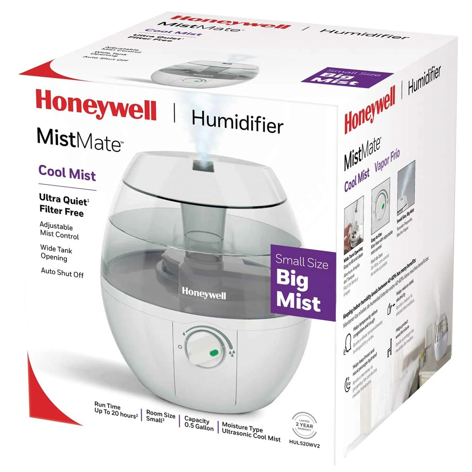 Honeywell MistMate Ultrasonic Cool Mist Humidifier, White, .5 Gallon