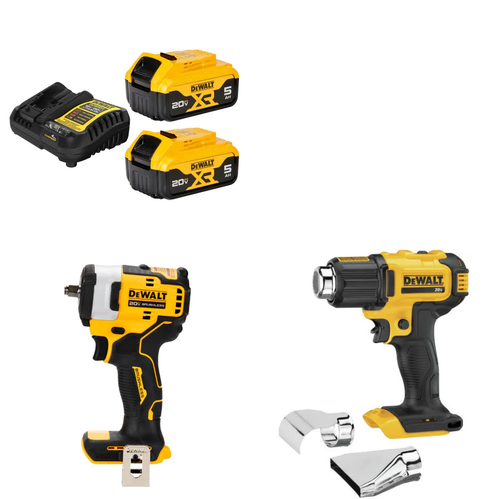 DeWalt DCB205-2C 20V Starter Kit W/ DCF913B 20V Impact Wrench & Heat Gun, Bare