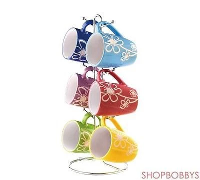 Home Basics 6-Piece Ceramic Mug Set With Stand, Daisy, Multicolor