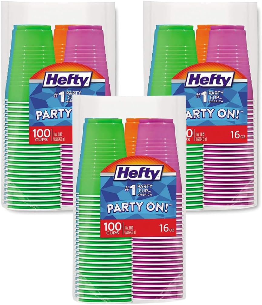 Hefty Party On Disposable Plastic Cups, Assorted, 16 Ounce, 100 Count