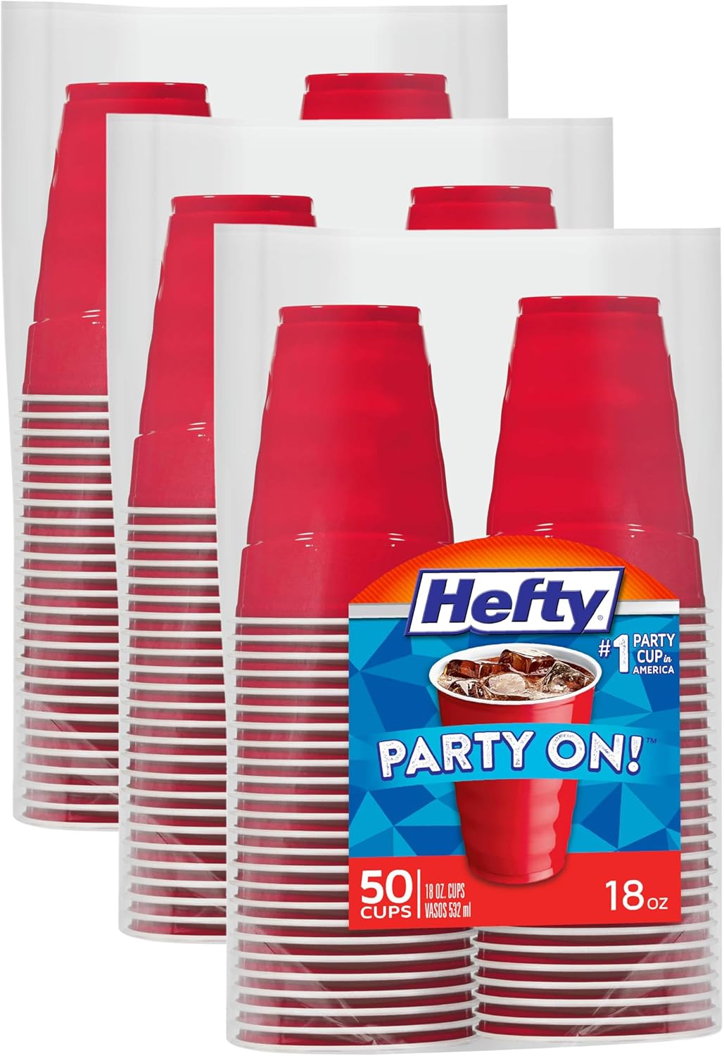 Hefty Party On Disposable Plastic Cups, Red, 18 Ounce, 50 Count