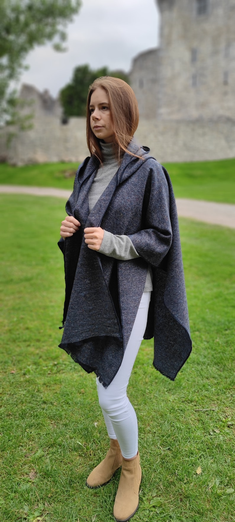 Irish Donegal Tweed Hooded Cape, Ruana, Wrap, Rectangle Cloak - Speckled / Fleck  Navy Blue - 100% Pure New Wool - HANDMADE IN IRELAND