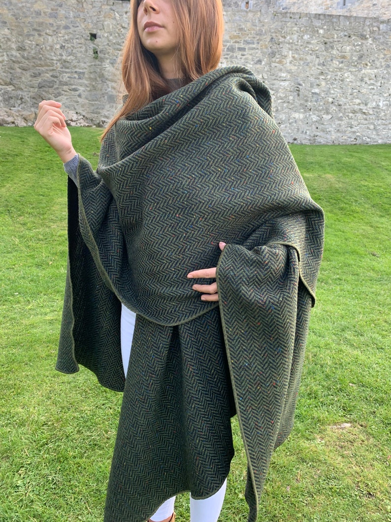 Irish Donegal Tweed Wool Hooded Ruana, Cape, Rectangle Cloak - Speckled Forest Green Herringbone - Heavy Tweed -Unisex- HANDMADE IN IRELAND