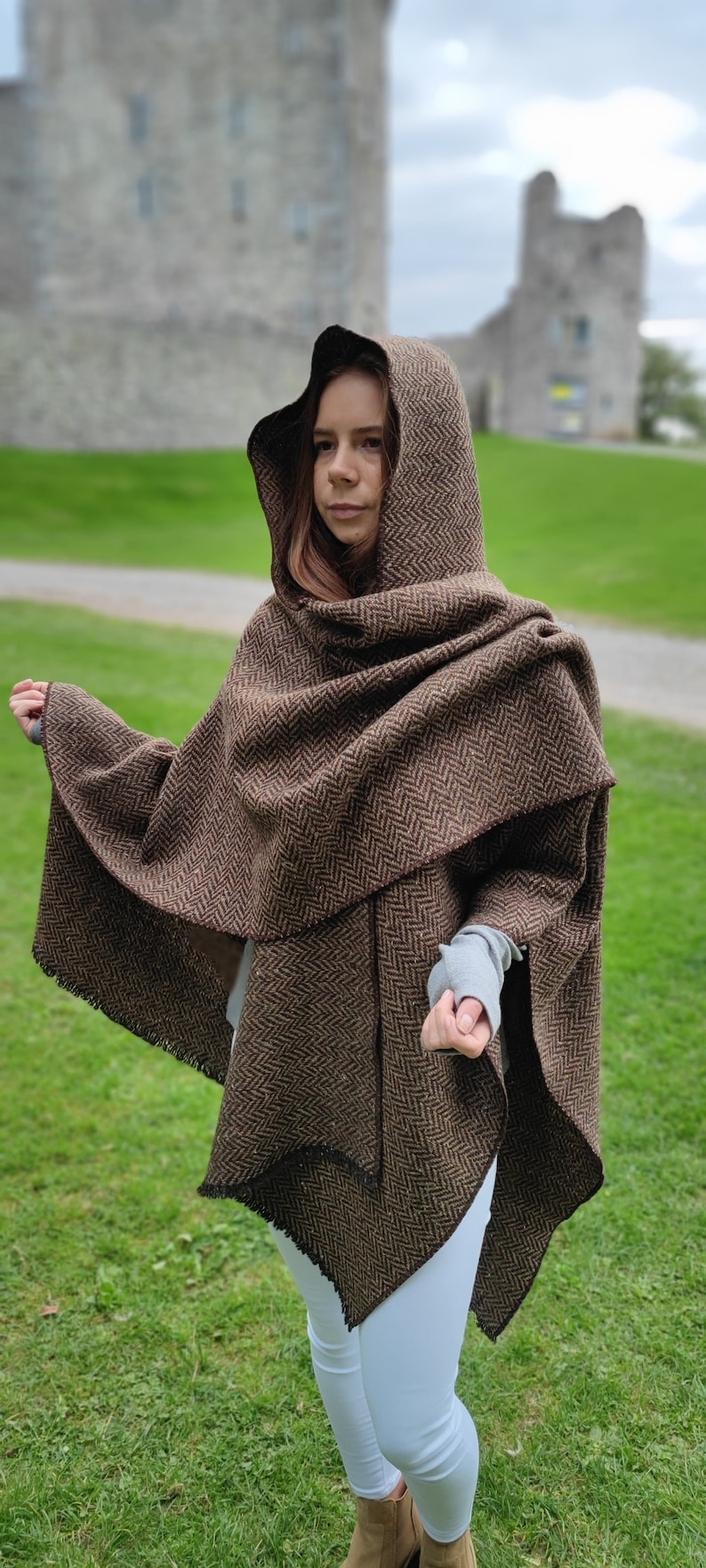 Irish Donegal Tweed Wool Hooded Ruana, Cape, Rectangle Cloak - Speckled Brown/Bronze Herringbone - Heavy Tweed -Unisex - HANDMADE IN IRELAND