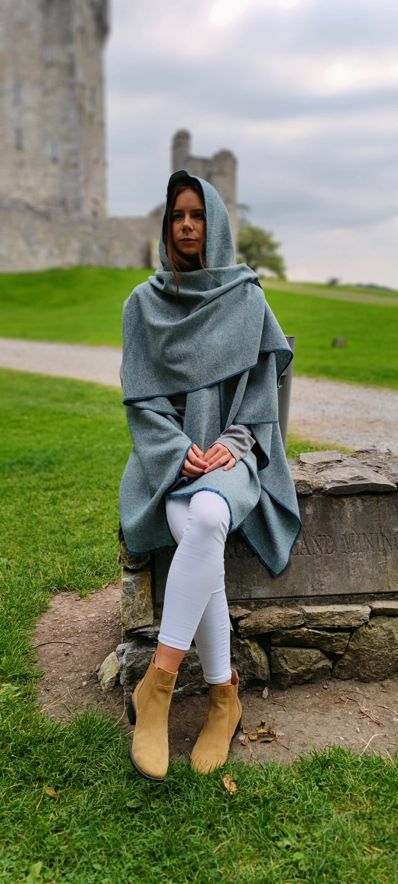 Hooded Irish Lambswool Tweed Cape, Rectangle Cloak, Ruana -Atlantic Teal/White Chevron- 100% Pure New Wool -Lightweight- HANDMADE IN IRELAND