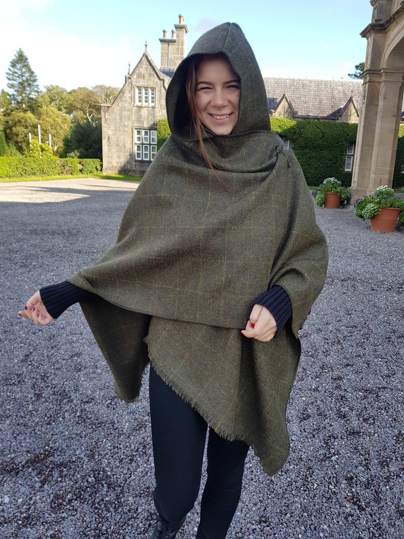 Irish Donegal Tweed Wool Hooded Ruana, Wrap, Cape ,Arisaid - Green With Yellow Check - Unisex - 100% Pure New Wool - HANDMADE IN IRELAND