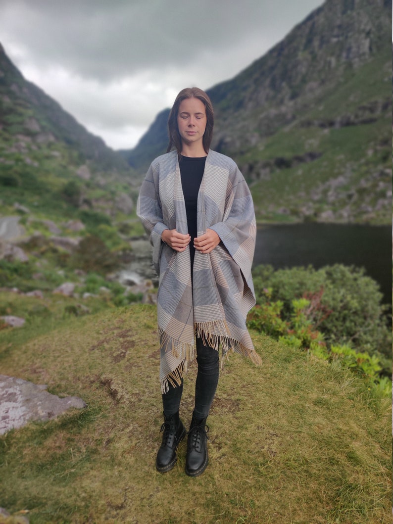 Irish Pure Lambswool Cape, Ruana, Wrap , Shawl - 100% Pure New Wool - Beige/Blue Check - Supersoft - One Size Fits All - HANDMADE IN IRELAND