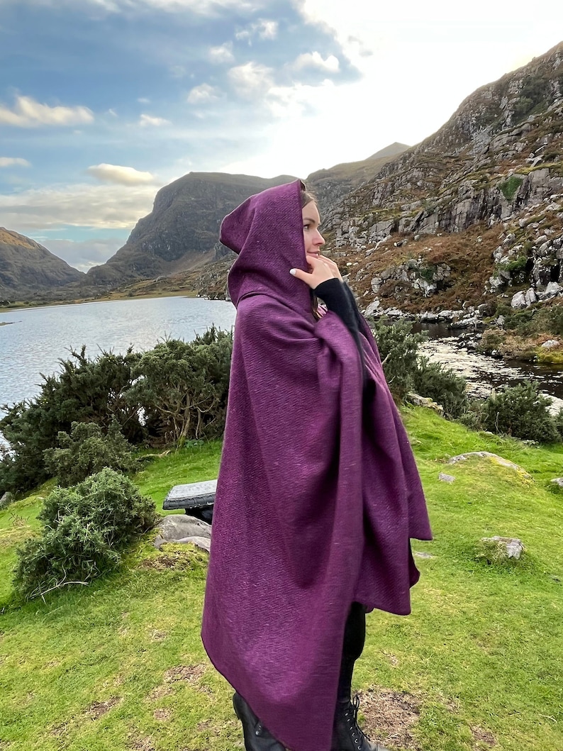 Irish Donegal Tweed Hooded Ruana, Wrap, Cape, Cloak, Robe - Purple Wine Herringbone - 100% Pure New Wool - Speckled - HANDMADE IN IRELAND