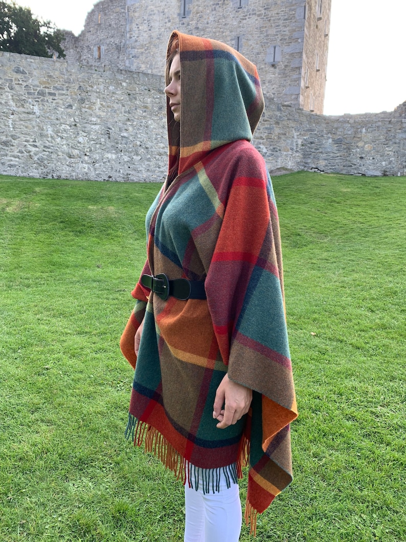 Hooded Irish Pure Lambswool Cape, Ruana, Wrap , Shawl - 100% Pure New Wool - Orange/Green/Yellow/Wine Check - Supersoft -HANDMADE IN IRELAND