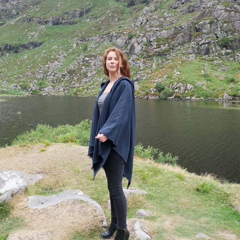 Irish Woven Wool Hooded Ruana, Cape, Rectangle Cloak, Wrap - 100% Pure New Wool - Plain Solid Navy - Unisex - HANDMADE IN IRELAND
