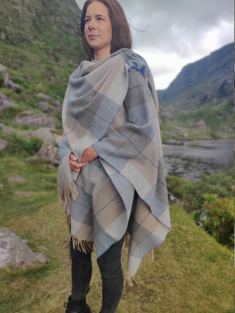Irish Pure Lambswool Cape, Ruana, Wrap , Shawl - 100% Pure New Wool - Beige/Blue Check - Supersoft - One Size Fits All - HANDMADE IN IRELAND