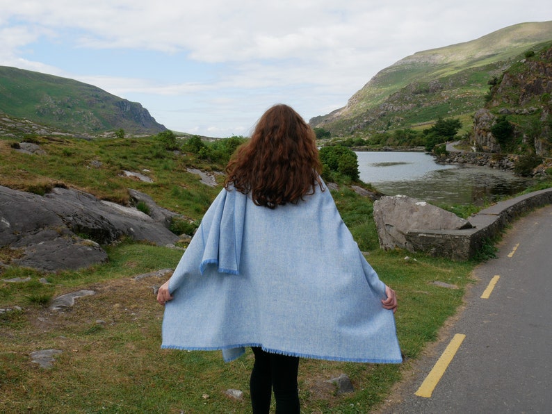 Irish Tweel Woven Wool Ruana, Wrap, Cape - Baby Blue & White Chevron - 100% Pure New Wool - Lightweight - HANDMADE IN IRELAND