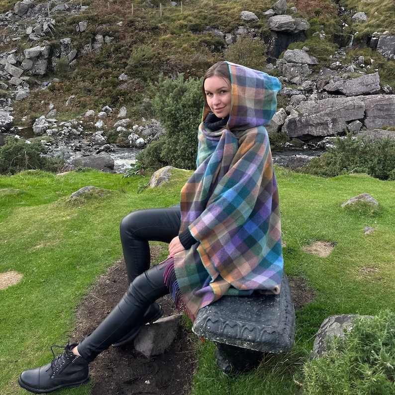 Hooded Supersoft Lambswool Cape, Ruana, Wrap , Shawl - 100% Pure New Wool - Multicolour  Check - One Size Fits All - HANDMADE IN IRELAND