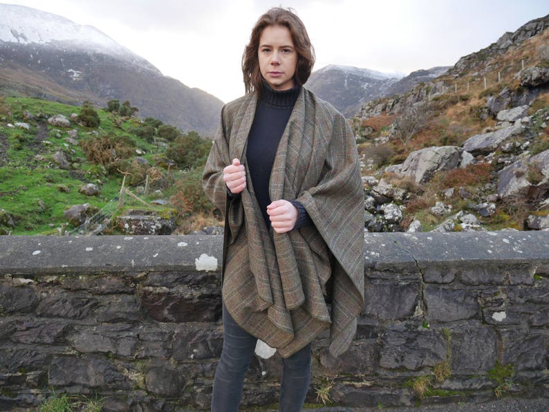 Irish tweed wool ruana, wrap, cape, coat, arisaid - brown/green  Irish tartan/ plaid check - 100% wool - HANDMADE IN IRELAND