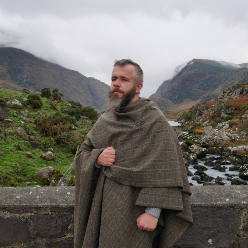 Irish Tweed Wool Cape, Ruana, Wrap, Rectangle Cloak- 100% Pure New Irish Wool - Brown Tartan / Plaid Check - Unisex - HANDMADE IN IRELAND