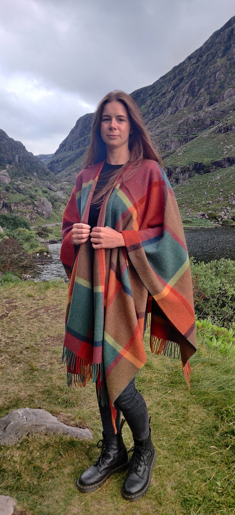 Irish Pure Lambswool Cape, Ruana, Wrap , Shawl - 100% Pure New Wool - multicolour block check - supersoft  - HANDMADE IN IRELAND