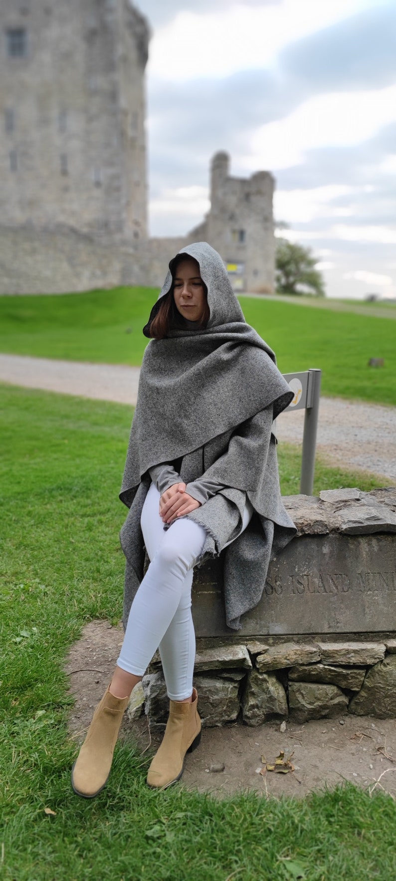 Irish Donegal Tweed Wool Hooded Ruana, Cape, Rectangle Cloak - Traditional Grey Fleck  - Heavy Tweed - Unisex - HANDMADE IN IRELAND