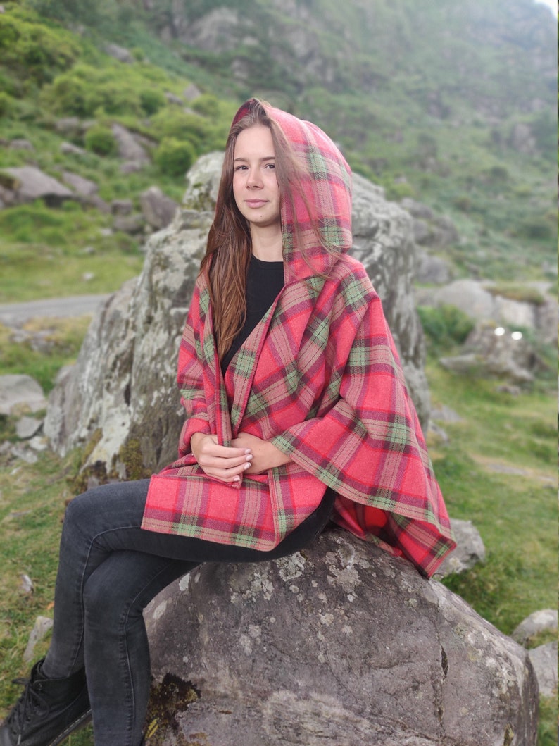 Irish soft lambswool hooded ruana, wrap, arisaid - pink/green/purple plaid check, tartan - 100% Pure New Wool - HANDMADE IN IRELAND