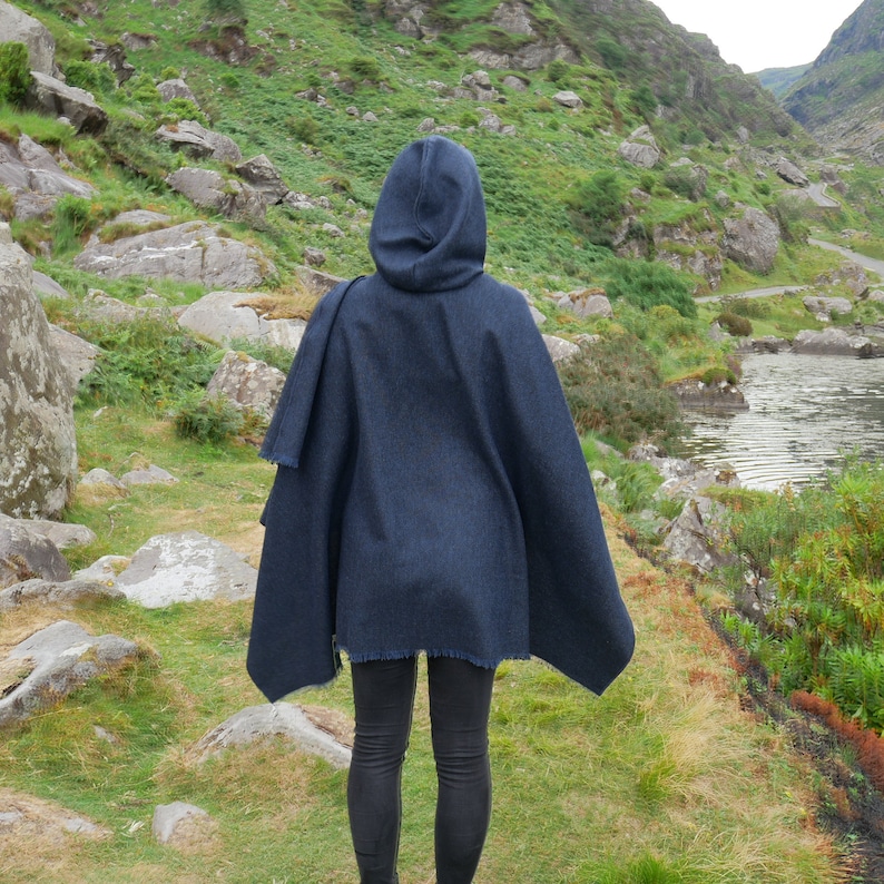 Irish Woven Wool Hooded Ruana, Cape, Rectangle Cloak, Wrap - 100% Pure New Wool - Plain Solid Navy - Unisex - HANDMADE IN IRELAND