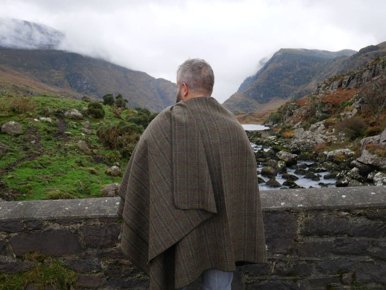 Irish Tweed Wool Cape, Ruana, Wrap, Rectangle Cloak- 100% Pure New Irish Wool - Brown Tartan / Plaid Check - Unisex - HANDMADE IN IRELAND