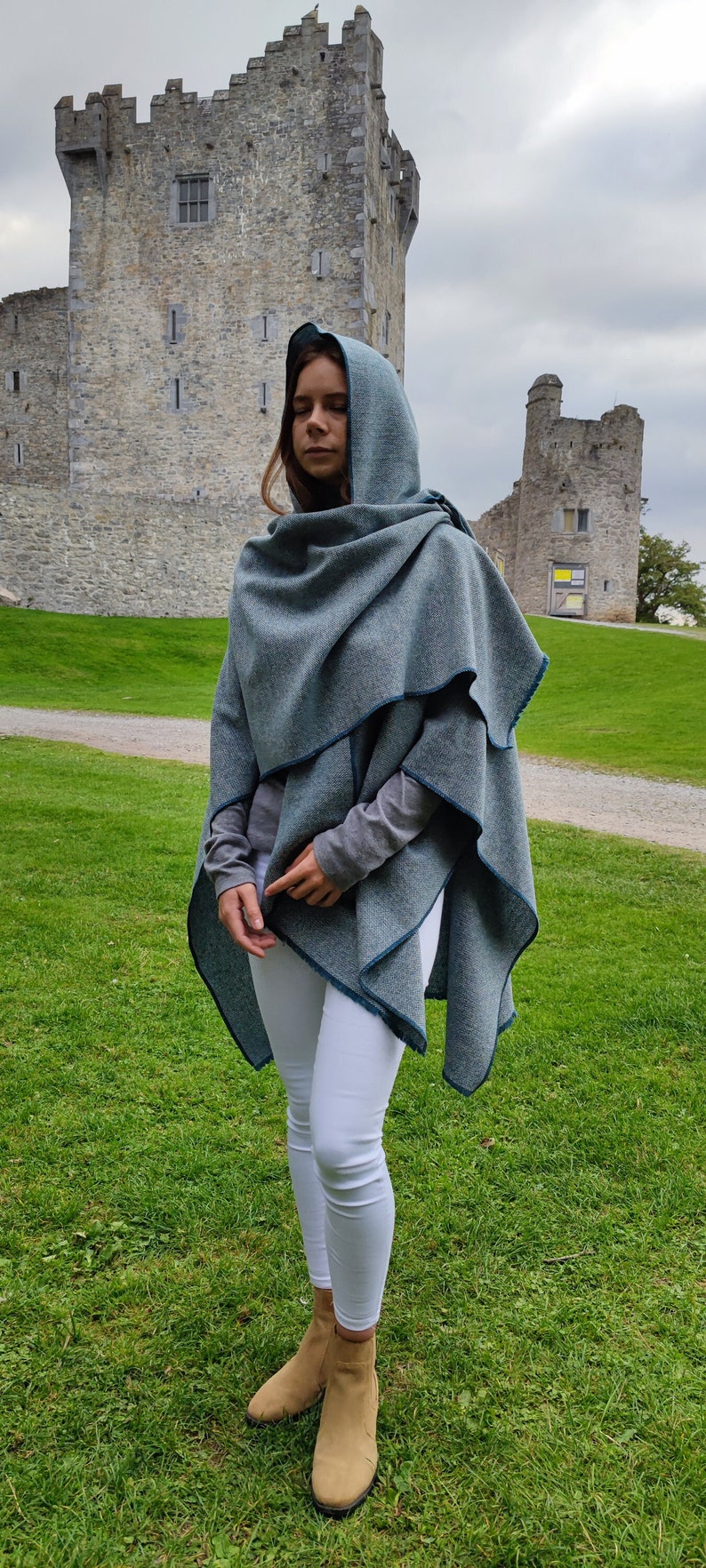 Hooded Irish Lambswool Tweed Cape, Rectangle Cloak, Ruana -Atlantic Teal/White Chevron- 100% Pure New Wool -Lightweight- HANDMADE IN IRELAND