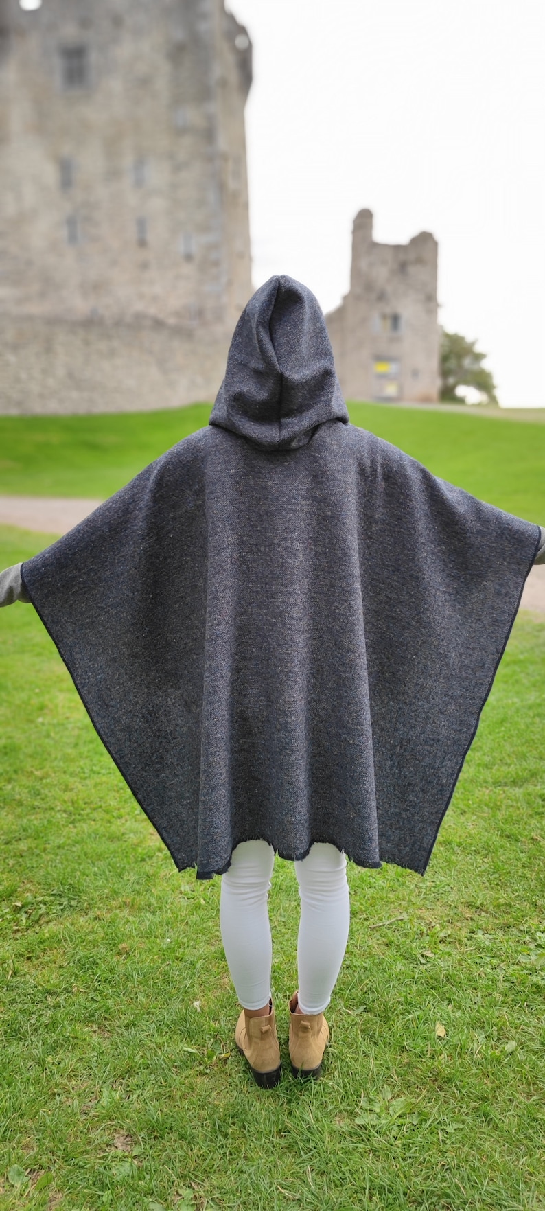 Irish Donegal Tweed Hooded Cape, Ruana, Wrap, Rectangle Cloak - Speckled / Fleck  Navy Blue - 100% Pure New Wool - HANDMADE IN IRELAND