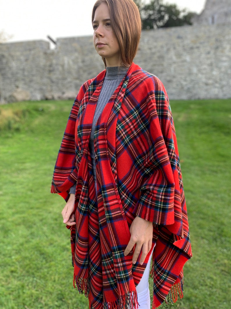 Irish Pure Lambswool Cape, Ruana, Wrap, Shawl - 100% Pure New Wool - Royal Stewart Tartan/Plaid Check - Supersoft - HANDMADE IN IRELAND