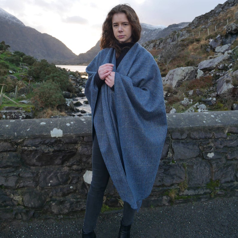 Irish Donegal Tweed Wool Ruana, Wrap, Cape, Cloak - Grey & Denim Herringbone With Overcheck - 100% Pure New Wool - HANDMADE IN IRELAND