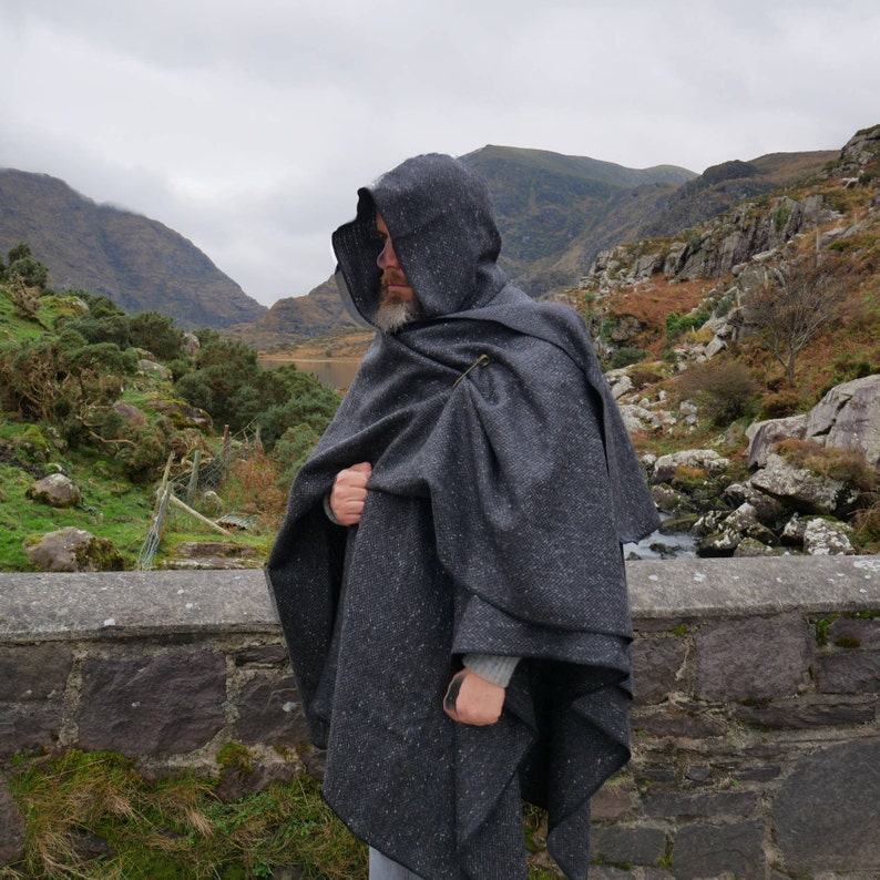 Irish Donegal Tweed Hooded Ruana, Wrap, Cape,  - Black/ Charcoal/ Grey Herringbone - 100% Pure New Wool - heavy tweed - HANDMADE IN IRELAND