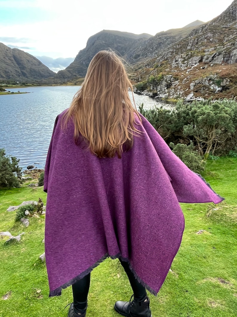 Irish Donegal Tweed Hooded Ruana, Wrap, Cape, Cloak, Robe - Purple Wine Herringbone - 100% Pure New Wool - Speckled - HANDMADE IN IRELAND