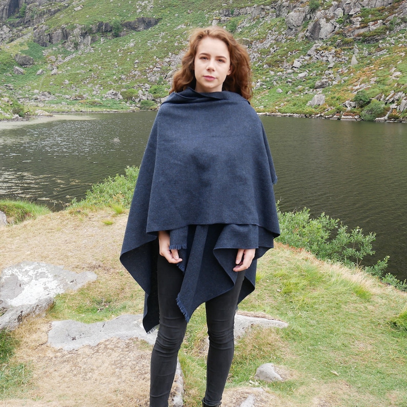 Irish Woven Wool Hooded Ruana, Cape, Rectangle Cloak, Wrap - 100% Pure New Wool - Plain Solid Navy - Unisex - HANDMADE IN IRELAND