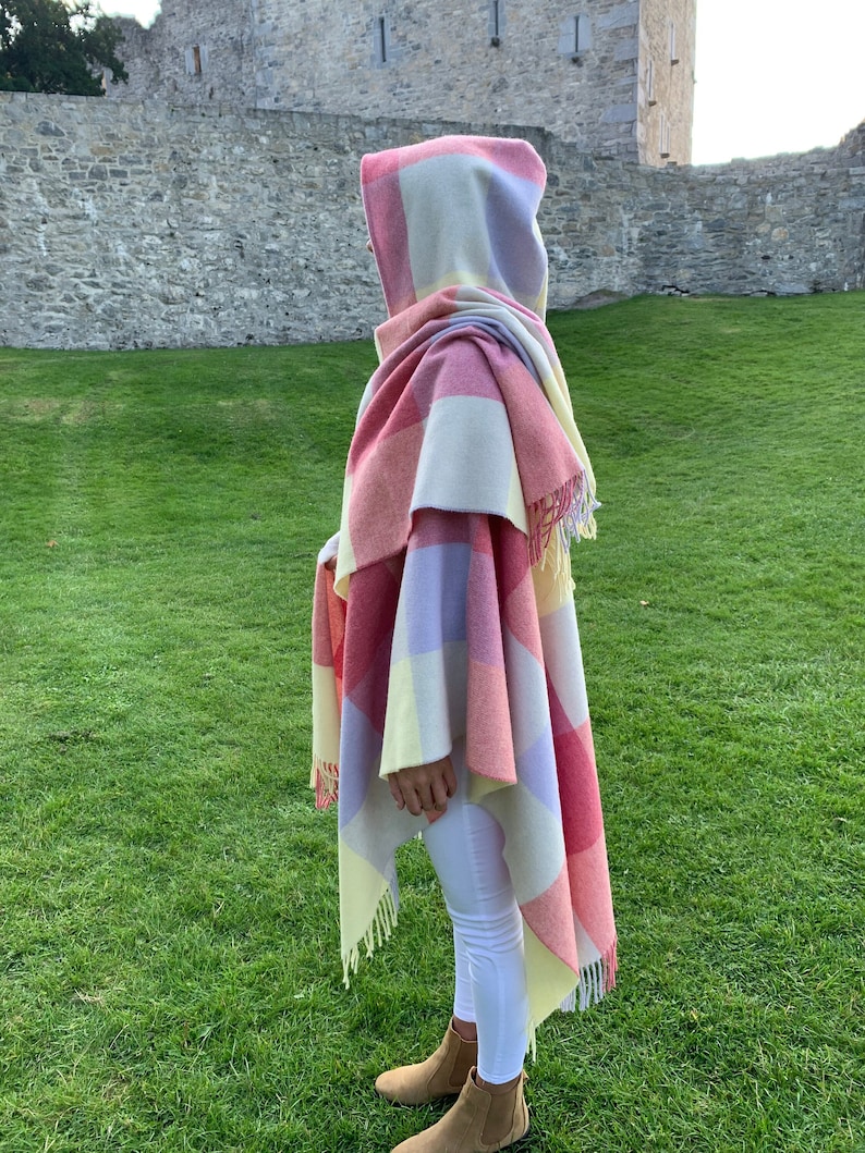 Hooded Irish Pure Lambswool Cape, Ruana, Wrap , Shawl - 100% Pure New Wool -Pale/Blue/Pink/Lemon Block Check -Supersoft -HANDMADE IN IRELAND