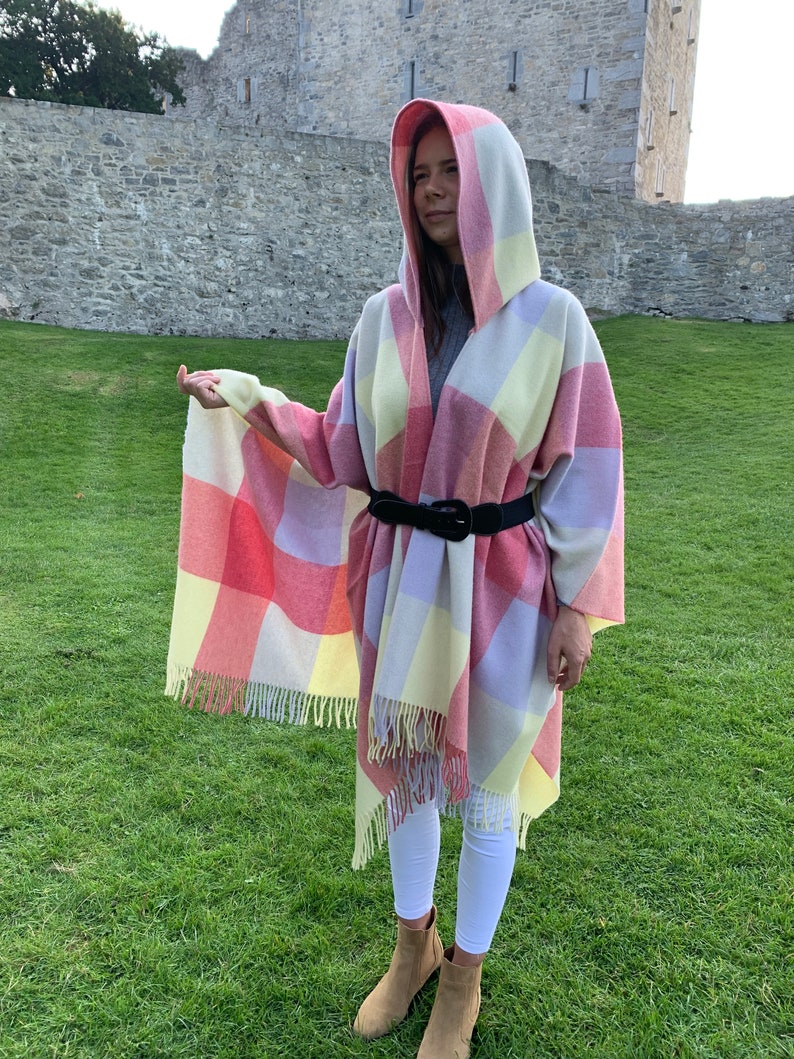 Hooded Irish Pure Lambswool Cape, Ruana, Wrap , Shawl - 100% Pure New Wool -Pale/Blue/Pink/Lemon Block Check -Supersoft -HANDMADE IN IRELAND