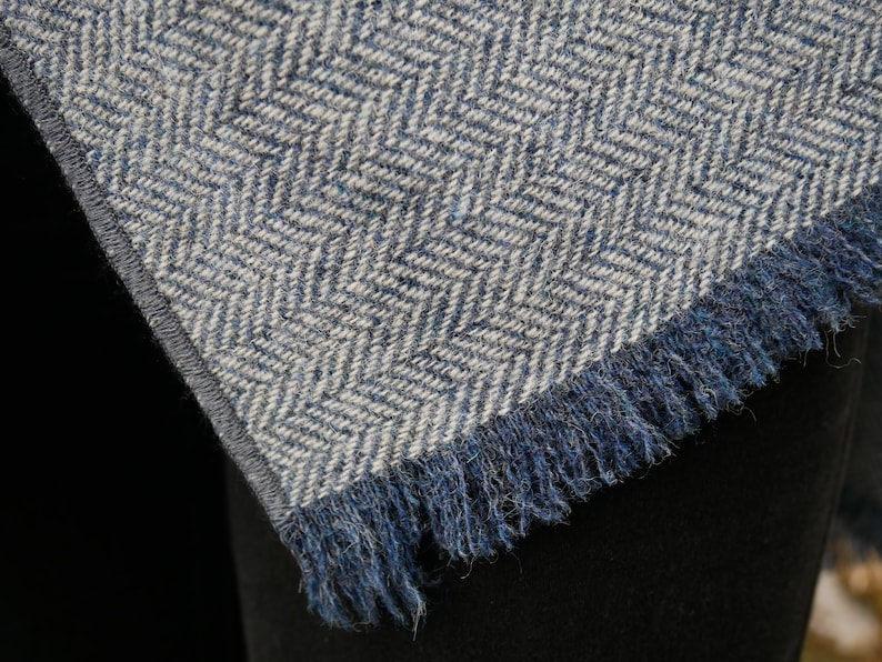 Irish Donegal tweed wool ruana, wrap , arisaid - grey/blue herringbone - 100% Pure New Irish Wool -  HANDMADE IN IRELAND